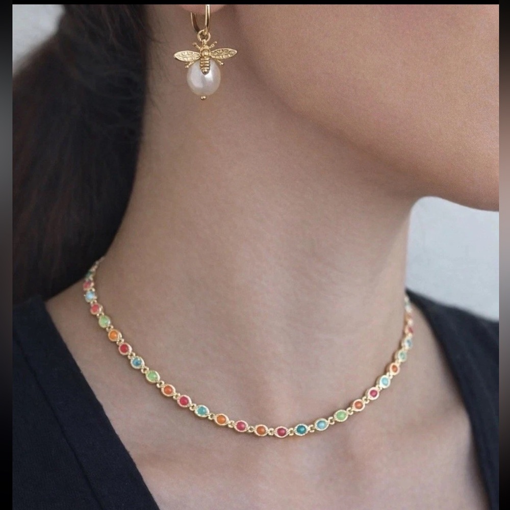 Gold Plated Rainbow Beaded Station Necklace Colorful Dainty Chain NWT - Picture 1 of 10